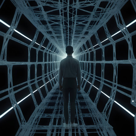 In the image, theres a person standing at the entrance of a tunnel-like structure that seems to extend into a point of light in the distance. The tunnel is made up of a geometric lattice pattern, possibly representing a digital or virtual environment. The walls are illuminated with lines of light that accentuate the tunnels depth and perspective. The person is viewed from behind, wearing a casual long-sleeved shirt and pants, suggesting a calm and contemplative stance as they gaze into the light. The overall ambiance is futuristic and evokes a sense of exploration or discovery.の素材