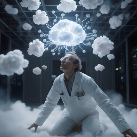 This image features a scientist in a white lab coat crouched on the floor, surrounded by clouds inside what appears to be a data center. Above him, a network of cloud-like structures resembling a brain float mid-air, with filament-like connections glowing softly, suggesting a visualization of cloud computing in a literal sense. The scientist looks up in awe or contemplation at this hovering, brain-shaped cloud network, which emits a gentle, luminescent quality in a dimly lit room. The setting conveys a blend of technology and abstract conceptualization, symbolizing the fusion of human intelligence and cloud-based data processing.の素材