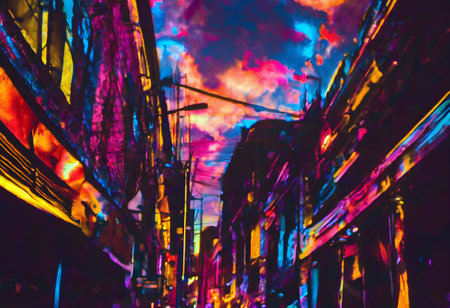 This image shows an urban street scene with an abstract, artistic twist. The colors are highly saturated and manipulated to create a surreal effect, with blues, purples, pinks, and yellows dominating the palette. The sky appears almost apocalyptic with swirling clouds in pink and blue hues. Buildings line both sides of the street, displaying classic architectural features, but they are bathed in unnatural colors that give the scene a dreamlike quality. Numerous electrical lines crisscross above the street, adding to the chaotic yet mesmerizing atmosphere of the composition.の素材