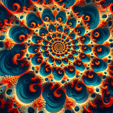 This image features a highly intricate and vivid fractal pattern. At the center is a spiraling sequence of concentric circles that radiate outward, resembling a nautilus shell. The palette is dominated by deep blues and bright oranges, creating a stark contrast. The pattern is both mathematical and organic, suggesting a fusion of natural forms with geometric precision. Each spiral is detailed with delicate, lace-like structures and smaller circular patterns, giving the impression of a complex ecosystem or a celestial map.の素材