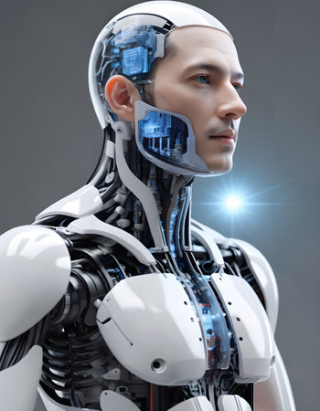 This is a highly detailed digital artwork depicting the head and upper torso of an android. The android possesses human-like facial features with half of its face and skull exposed to reveal intricate cybernetic components beneath. These inner workings are a complex array of wires, circuits, and mechanical parts, all integrated in a design that mimics the human form. The color palette is dominated by shades of blue, white, and metallic silver, giving the android a clean, futuristic appearance. A soft glow emanates from some of the internal mechanisms, highlighting the advanced technology within. The androids gaze is directed to the side, exhibiting a contemplative expression.の素材