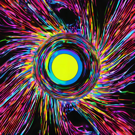 This image features an intense display of neon colors in a vortex-like formation with a centralized circular shape. The colors appear to radiate outward from the circle, creating a dynamic and energetic effect. The central circle is layered with a spectrum of hues surrounding a bright yellow core, giving the impression of a psychedelic eye or a portal. The background is awash with streaks of vivid pink, blue, green, and other fluorescent colors, blending into each other in a chaotic yet mesmerizing pattern.の素材