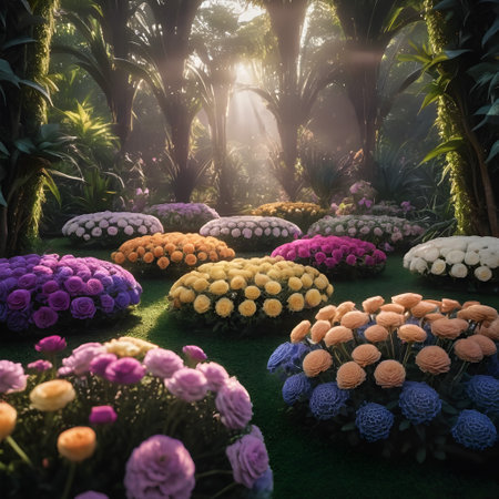This image features a serene and lush garden filled with an abundance of spherical, vibrant flowers in various shades of purple, orange, pink, and cream. The flowers are arranged in clusters on the green grass, creating a patchwork of colors. Tall, dark green tropical plants and trees form a canopy above, with rays of sunlight piercing through the foliage, casting dappled light across the scene. The atmosphere is peaceful, with a magical quality as the light creates a misty glow around the plants.の素材