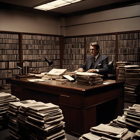In this image, a distinguished older man in a dark suit and glasses is seated behind a large, cluttered desk in a grand library or archive room, evoking a Kafkaesque atmosphere of overwhelming bureaucracy and existential unease. The room is filled with wall-to-wall bookshelves densely packed with books. On the desk, there are piles of documents and newspapers, a lamp, and various office supplies. The setting conveys a dystopian vibe, emphasizing isolation and the daunting weight of knowledge.の素材