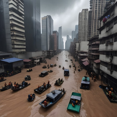 The image depicts a dramatic urban flooding scene, where a wide river of muddy water has overtaken a city street, lined by tall, modern skyscrapers and older, worn buildings. Multiple boats, ranging from small personal boats to larger flatboats, navigate the floodwaters, filled with people in various forms of attire. The sky is overcast with grey clouds, suggesting ongoing rain. This portrayal shows a severe flood event impacting an urban area, illustrating both emergency response and the resilience of the local population.の素材
