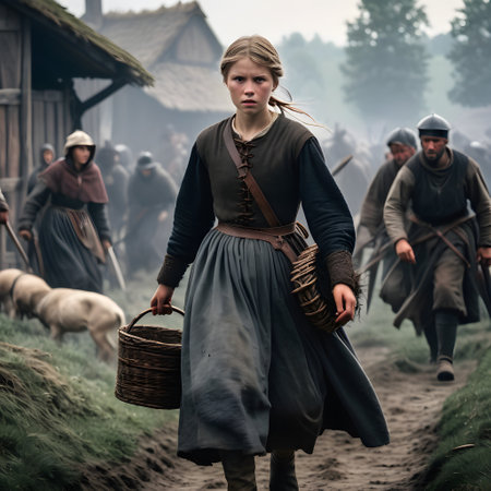 This image depicts a determined young woman walking briskly through a medieval village. She wears a simple, earth-toned dress with a leather belt and carries a large wicker basket in one hand and a coiled rope in the other. Her expression is focused and slightly anxious. In the background, peasants and soldiers in humble clothing and armor rush about, adding to the scenes sense of urgency and historical setting.の素材