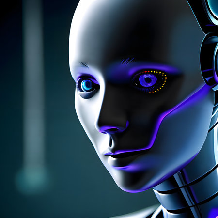 This image features a close-up of a female humanoid robots face. The robot has a highly detailed, glossy metallic surface with hints of blue and purple lighting that accentuates its features. It features human-like blue eyes and mechanical components visible around the eyes and cheeks. The background is dark and blurred, emphasizing the robots face in the foreground.の素材