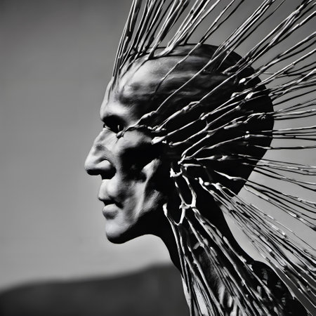 This striking black and white image features a side profile of a male sculpture with an extraordinary headdress composed of numerous extended, thin metal wires that project outward like rays of light. The sculptures face is detailed and realistic, exhibiting sharp, angular features, prominent cheekbones, and a strong jawline. The background is a smooth, unobtrusive gradient, emphasizing the stark, dramatic contrast and the intricate textures of the headdress.の素材