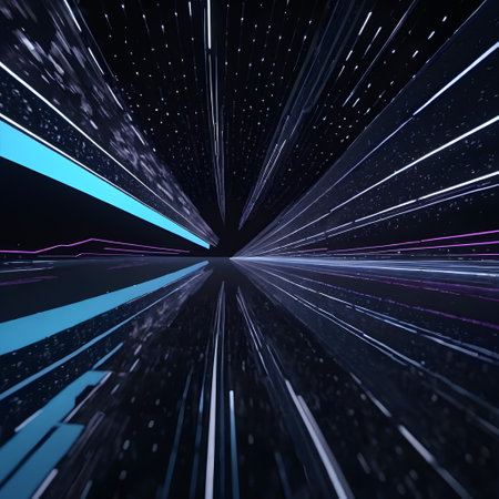 This image presents a visually striking hyperspace or warp speed effect, characterized by converging white lines against a deep space backdrop, accentuated with bright blue and purple accents. The perspective is focused towards a vanishing point at the center, creating a strong sense of high-speed motion. The design elements suggest a futuristic or sci-fi theme, commonly seen in video games or film sequences that depict travel through space or another dimension.の素材