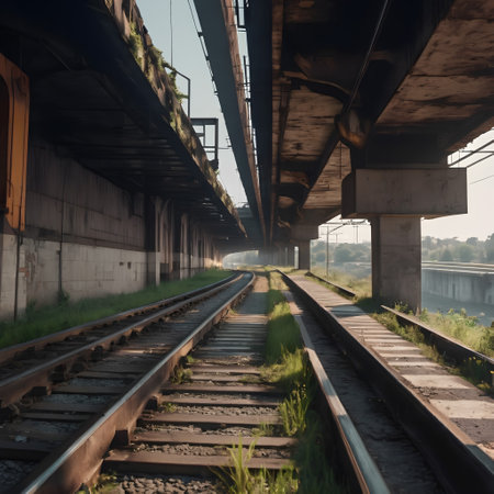 This image captures an urban scene of railway tracks under a series of elevated highways. The tracks, flanked by overgrown grass and framed by the industrial structure, stretch into the distance. The sunlight filtering through creates a contrast between the shadows and the illuminated areas, highlighting the gritty yet serene atmosphere of the location.の素材