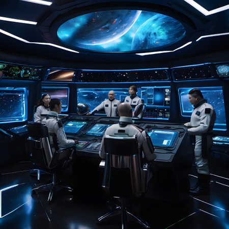 A team of astronauts in white uniforms are gathered in a futuristic spaceship control room. They are surrounded by advanced technology and large screens displaying various space-related data and visuals. The room is dimly lit with blue ambient lighting, and a large circular window on the ceiling shows a stunning view of a distant galaxy and planets.の素材