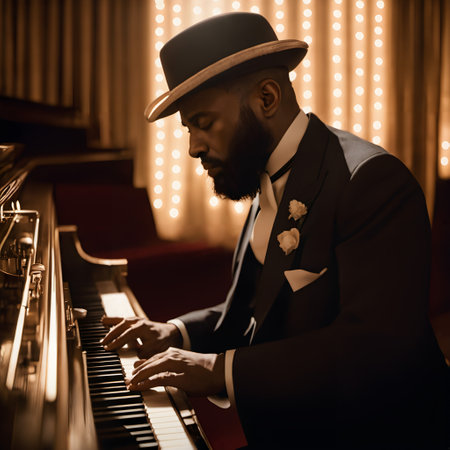 A soulful scene captures a distinguished African-American man playing the piano in a warmly lit, vintage-style room. Dressed in a classic black suit with a bow tie and a stylish hat, he is deeply immersed in his music. The ambient lighting and elegant decor enhance the timeless and nostalgic atmosphere of the setting.の素材