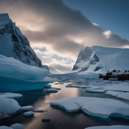This image captures a stunning polar landscape featuring towering ice formations, serene icy waters, and a picturesque cabin nestled amidst the frozen expanse. The sky is a dramatic mix of clouds and soft sunlight, casting a serene glow over the pristine snow and ice.の素材