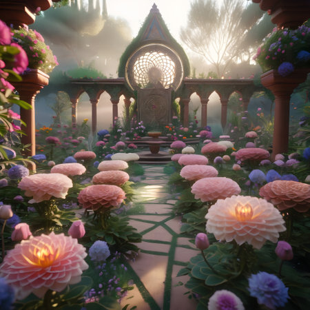 A beautifully landscaped garden filled with vibrant, blooming flowers in a variety of pastel colors, arranged around a central path leading to a decorative arched structure with an intricate design, surrounded by lush greenery and softly lit by the suns rays filtering through the trees.の素材