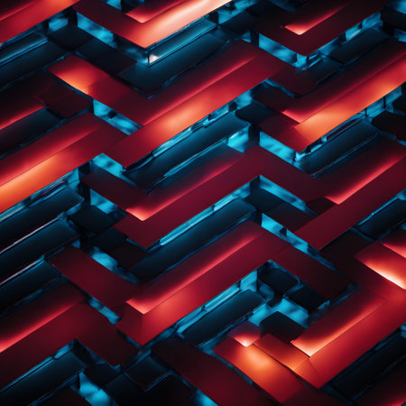 A visually striking abstract pattern featuring a 3D maze-like design with vibrant red and blue glowing elements. The geometric shapes create a sense of depth and movement, reminiscent of futuristic architecture or digital art.の素材