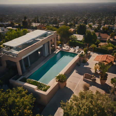 The image captures a luxurious modern villa with an expansive swimming pool, set against a panoramic backdrop of an urban landscape that stretches to the horizon. The villa features a contemporary design with sleek lines and large glass windows, providing an elegant contrast to the lush greenery surrounding the property. The pool area is adorned with stylish outdoor furniture, potted plants, and a shaded lounge space, creating an inviting atmosphere for relaxation. The setting sun casts a warm, golden light over the scene, highlighting the opulence and tranquility of this high-end residence.の素材