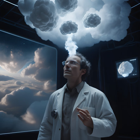 The image features a contemplative individual, seemingly a scientist or a doctor, with a stethoscope around his neck. The person is wearing a white lab coat and glasses, and is standing indoors with a look of deep thought or concentration. Above the persons head, theres an unusual, visually metaphorical element a cloud formation that transitions into brain-like structures, alluding perhaps to the process of thinking or brainstorming. The clouds appear to emit from the persons head, creating a striking image of thought made visible. The background is dark and hints at a high-tech environment with monitors displaying brain scans, enhancing the cerebral theme. The overall scene blends realistic and fantastical elements to suggest innovation, intellect, and intense contemplation.の素材