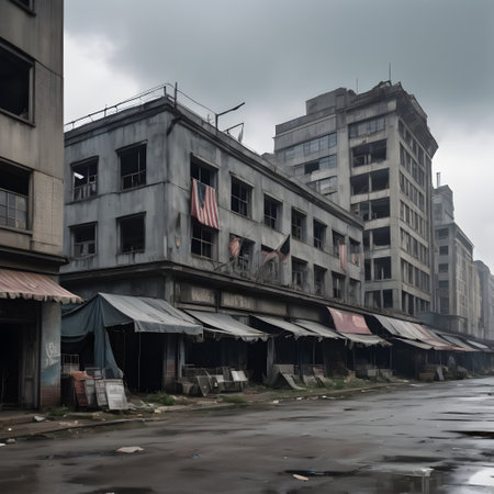 The image depicts an abandoned, dilapidated urban area with several multi-story buildings in a state of disrepair. The street is empty, with a sense of desolation enhanced by the overcast sky. Old storefronts with broken windows and faded awnings line the street, while debris and signs of neglect litter the ground. The American flag hangs tattered from one of the buildings, adding to the sense of abandonment and decay.の素材