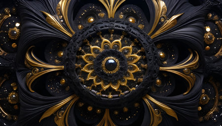 The image showcases an intricate, abstract design with a central circular motif resembling a mandala. The color palette is dominated by luxurious black and gold tones, with delicate patterns and textures that give a sense of depth and opulence. The design features elaborate, symmetrical elements, including spirals, curves, and floral shapes, all intricately interwoven to create a visually stunning and mesmerizing composition.の素材