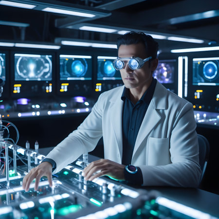 A scientist in a futuristic laboratory wearing advanced AR goggles and a white lab coat, operating high-tech control panels. The laboratory is filled with multiple monitors displaying complex data and holographic images, creating a highly technological and sophisticated environment.の素材