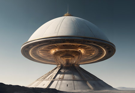 This image depicts a large, futuristic structure resembling a spaceship or an advanced architectural dome set against a clear sky. The design features intricate metallic details with a combination of smooth and angular surfaces. The structure is grounded, suggesting a base or landing site on an alien or barren landscape.の素材