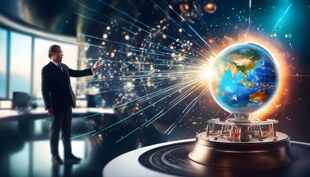 In a futuristic office, a distinguished man in a suit interacts with a holographic globe that radiates vibrant light and energy. The scene suggests a high-tech environment, possibly involving global communications or advanced technology innovations. The background features a sleek, modern design with large windows, hinting at a high-rise building setting.の素材