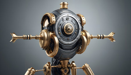 A highly detailed steampunk-inspired mechanical device with intricate gold and silver components. The device features a central spherical body with radial symmetrical elements, including two horizontal arms with arrow-like tips, and stands on a tripod base. The design is characterized by rivets, gears, and a polished metallic finish, exuding a blend of Victorian-era aesthetics and futuristic technology.の素材