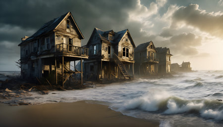 The image depicts a series of abandoned, weathered houses standing precariously on the edge of a beach, with waves crashing against the shore under a dramatic, stormy sky. The houses appear dilapidated, with broken windows, missing doors, and crumbling structures, evoking a sense of desolation and decay. The scene is both haunting and beautiful, capturing the relentless power of nature reclaiming what was once inhabited.の素材