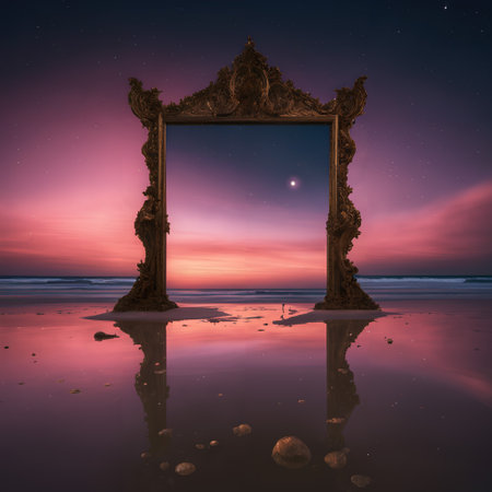 A beautifully ornate, gold-framed mirror stands on a tranquil beach, reflecting the stunning colors of a sunset sky. The reflection in the mirror creates an ethereal, dreamlike scene, with a blend of pink, purple, and orange hues in the sky. The calm ocean waves and the reflective wet sand add to the surreal atmosphere, making the frame appear as a portal to another world. Tiny rocks are scattered on the wet sand, adding a touch of realism to this fantastical setting.の素材