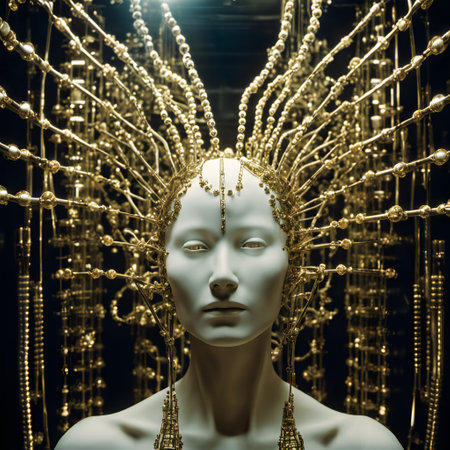 This image portrays a futuristic and artistic headpiece adorned with intricate gold filigree and beads. The headpiece extends outward in a radial pattern, creating a crown-like effect on a mannequin or a highly stylized human figure with an expressionless face. The background is dark, emphasizing the luminescence and detail of the golden elements.の素材