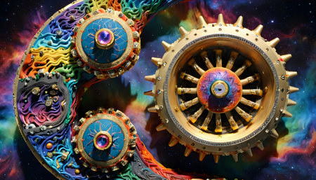 A mesmerizing steampunk-inspired cosmic device set against a vibrant nebula. The intricate machinery features golden gears, ornate details, and colorful swirling patterns resembling a fusion of technology and the cosmos. The central mechanism glows with a radiant gem, symbolizing the fusion of science and mysticism.の素材