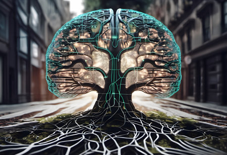 A digital artwork featuring a tree shaped like a human brain, symbolizing the connection between nature and technology. The trees branches resemble neural pathways, and its roots extend into the ground, mimicking circuits. The background showcases an urban setting, highlighting the juxtaposition of nature and modernity.の素材