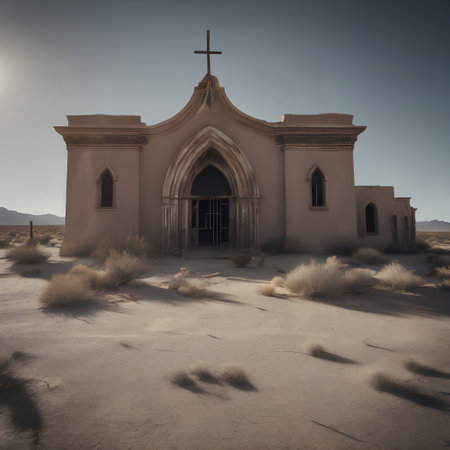 A desolate, abandoned church stands alone in a barren desert landscape, bathed in the harsh light of the sun. The structure is weathered and crumbling, with dry, cracked earth and sparse, windblown shrubs surrounding it, adding to the atmosphere of decay and isolation.の素材