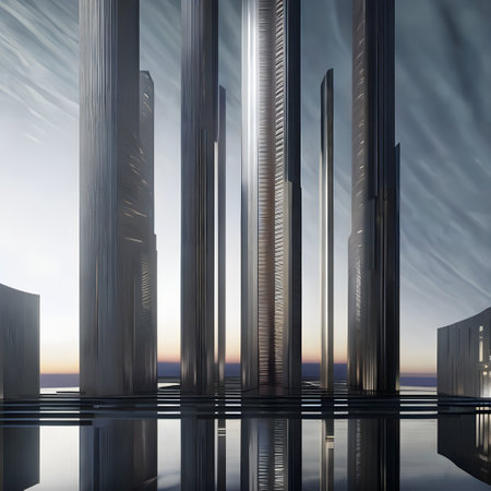 Futuristic Cityscape at Dawn with Reflective Skyscrapersの素材