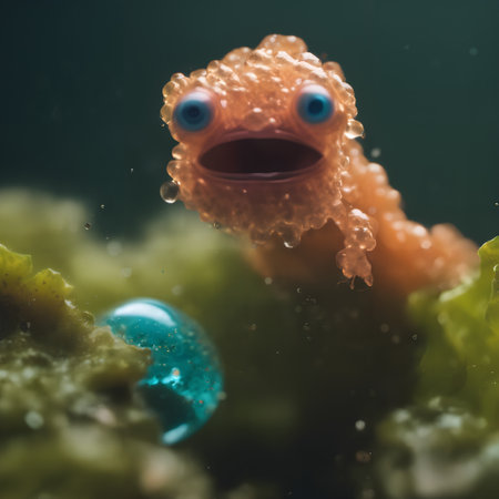 A small, translucent, orange aquatic creature with large, round blue eyes and an open mouth, floating near a blue droplet. The environment appears to be underwater, surrounded by soft green algae or coral.の素材
