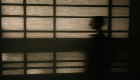 This is an artistic architectural photograph showing the shadow pattern of a window blind cast on what appears to be a wall or screen. The horizontal slats create a repeating geometric pattern of light and dark stripes, with the shadows becoming more pronounced and darker towards the bottom of the frame. The texture of the surface is visible, appearing to be a woven or textured material. The lighting creates a moody, minimalist aesthetic with warm tones in the lit areas contrasting against the deeper shadows.の素材