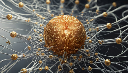 A highly detailed and abstract visualization of a golden, organic structure resembling a neural network or brain, with intricate white filament connections branching out and golden spheres dotting the network. The image combines futuristic, biological, and technological elements in a dramatic composition.の素材