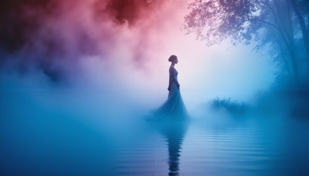 A dreamlike image showing a solitary figure in a flowing white dress standing on still water. The scene is bathed in ethereal blue and pink lighting, creating a misty, otherworldly atmosphere. Tree silhouettes are visible in the background, and the figures reflection is perfectly mirrored in the calm water below. The composition suggests peace, solitude, and transcendence, with the gradient from warm pink to cool blue tones adding to its mystical quality.の素材