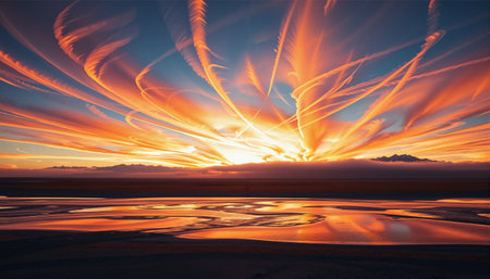 A breathtaking sunset with vibrant orange and pink streaks spreading across the sky like painted brushstrokes, reflecting on a serene water surface with distant mountains shrouded in mist.の素材