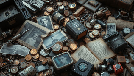 This image features a richly detailed assortment of vintage objects, including old photographs, antique cameras, pocket watches, coins, books, and various trinkets. The scene evokes a nostalgic and historical atmosphere, with sepia-toned and black-and-white portraits adding a personal touch to the collection. The arrangement suggests a collection of cherished memories, exploration, and time gone by.の素材
