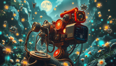 The image showcases a futuristic, steampunk-inspired robot situated among a lush and colorful floral landscape, with various gadgets and contraptions attached to its body, surrounded by an array of flowers and plants that add a touch of whimsy and playfulness to the overall scene. The robot appears to be engaged in some sort of activity or experiment, with a series of tubes and wires connecting it to nearby objects.の素材