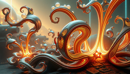 This image depicts an intricate and fantastical scene featuring a large, ornate octopus-like creature with numerous tentacles, each adorned with glowing orange lights along its length. The creature appears to be situated on or in front of a series of circuit boards, which are visible below it, while the background is shrouded in a misty haze that obscures any additional details.の素材