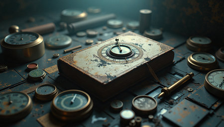 A beautifully detailed, antique book with a clock embedded in its cover sits among an assortment of aged timepieces, gears, and mechanical parts. The scene has a steampunk aesthetic, with a moody, atmospheric lighting that highlights the intricate textures of rust, brass, and worn leather. The book appears mysterious, possibly a time-related artifact or a portal to another era.の素材