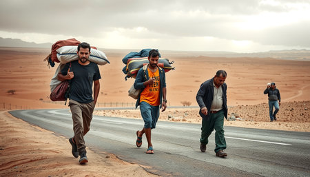 A group of men walks along a desert road carrying heavy bundles on their shoulders. The arid landscape stretches behind them, with distant mountains and a cloudy sky. Their expressions convey determination and exhaustion, suggesting a long journey ahead. The warm earth tones contrast with their casual clothing, highlighting the harsh environment.の素材