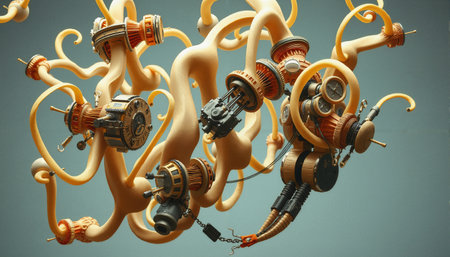 The image depicts a complex network of interconnected, glowing tubes and wires that pulse with an otherworldly energy. At the center of this web-like structure lies a large, ornate device with gears turning in rhythmic motion. The overall effect is one of mesmerizing beauty and technological wonder.の素材