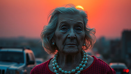 This image shows an elderly person with tousled white hair and deeply wrinkled skin, wearing a striking turquoise beaded necklace and a red patterned top, against a dramatic sunset background with orange and pink hues. The lighting creates a striking contrast, with the subjects face bathed in a blue-tinted light while the background glows with warm sunset colors. The composition captures a moment of quiet dignity, with the persons weathered features suggesting a lifetime of experiences set against the symbolic beauty of the setting sun.の素材