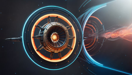 A futuristic spacecraft engine or portal emits a glowing energy field, featuring intricate mechanical details and a luminous, circular structure. The design suggests advanced technology, possibly for interstellar travel or energy manipulation, with blue and orange hues creating a visually striking contrast.の素材