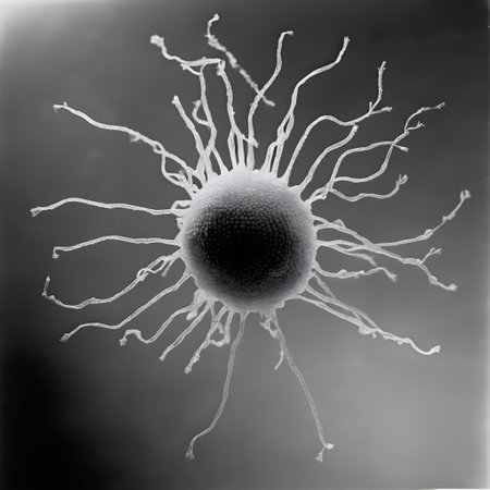 This is a black and white electron microscope image of what appears to be a single-celled organism or microorganism with numerous thin, filamentous projections radiating outward from a central spherical body. The tentacle-like extensions reach in all directions, creating a sun-like appearance against the dark background. The textured surface of the central sphere contains small pores or indentations, suggesting this may be a type of radiolarian, amoeba, or other microorganism with specialized extensions for feeding or movement.の素材