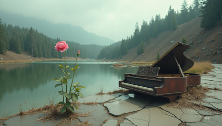 A surreal image of an old, weathered grand piano sitting on cracked, parched ground near a serene mountain lake. A vibrant pink rose blooms nearby, standing tall amidst the desolate landscape. The misty background features a dense evergreen forest and distant mountains, creating a dreamy and melancholic atmosphere.の素材