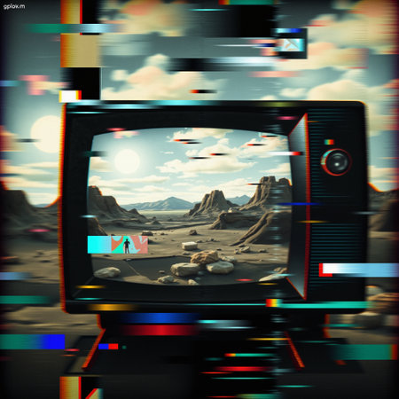 The image shows a vintage television set displaying a desert landscape with rocky formations and mountains against a blue sky. The TV screen is surrounded by digital glitch effects and color distortions that extend into the cloudy background. There appears to be a small silhouette of a person on what looks like a colorful banner or interface element near the bottom of the screen.の素材